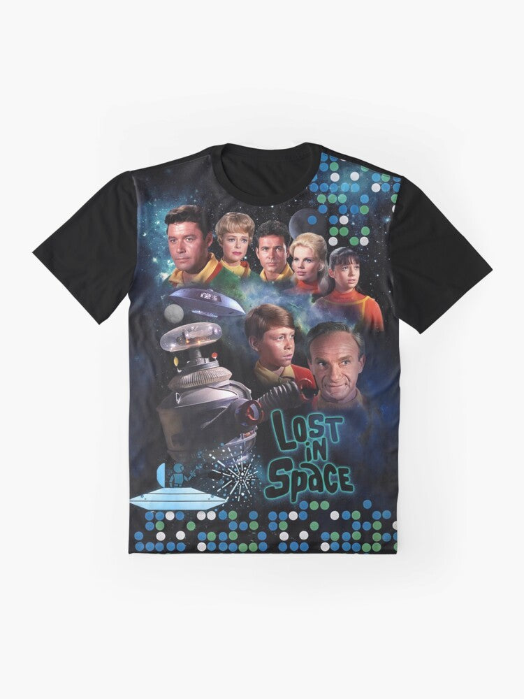 Lost in Space Season 2 Graphic T-Shirt featuring retro sci-fi logo and design - Flat lay