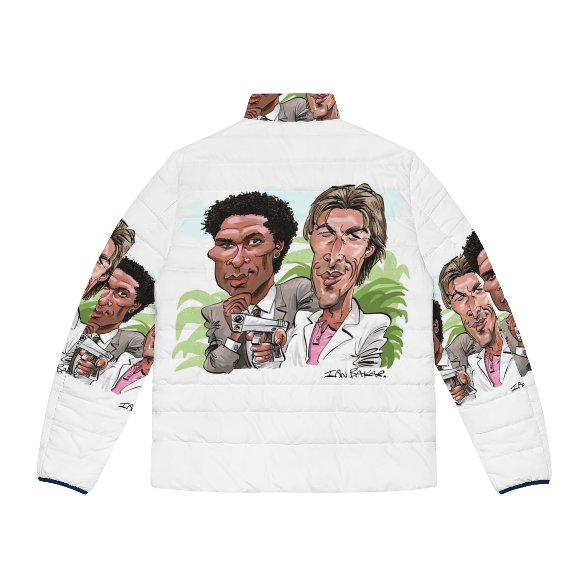 Miami Vice inspired 80s puffer jacket for men with cartoon caricature design - Back