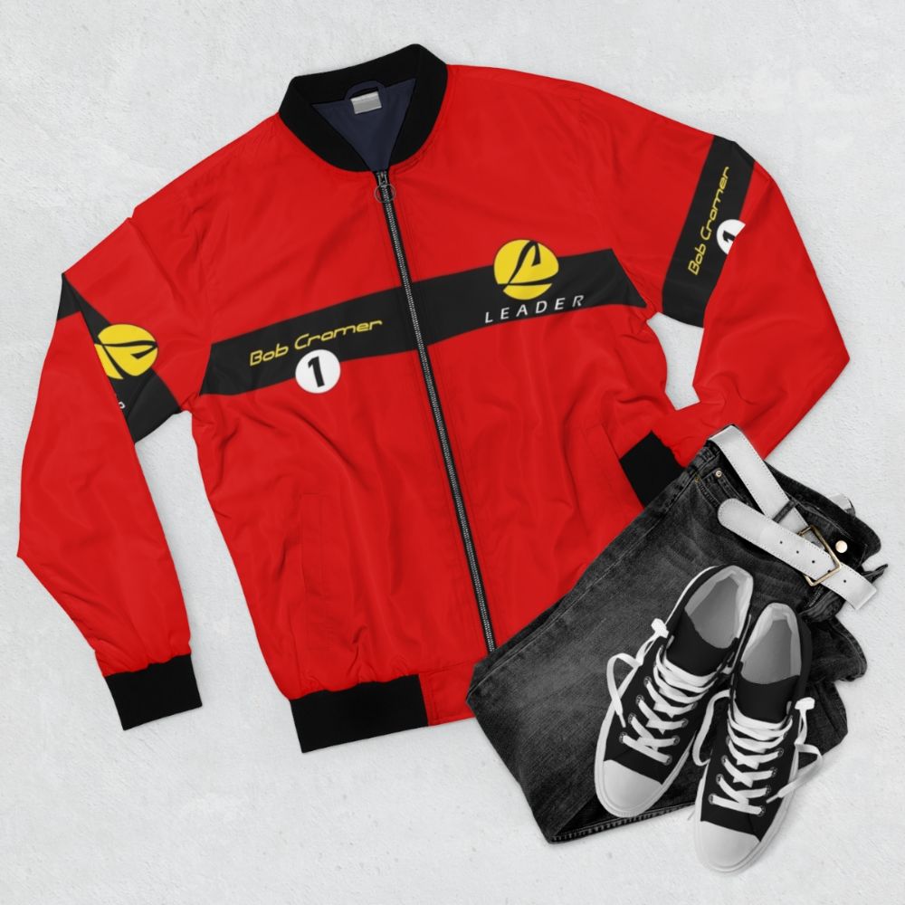 Team Leader Number 1 Bomber Jacket with Racing and Comics Themes - Flat lay