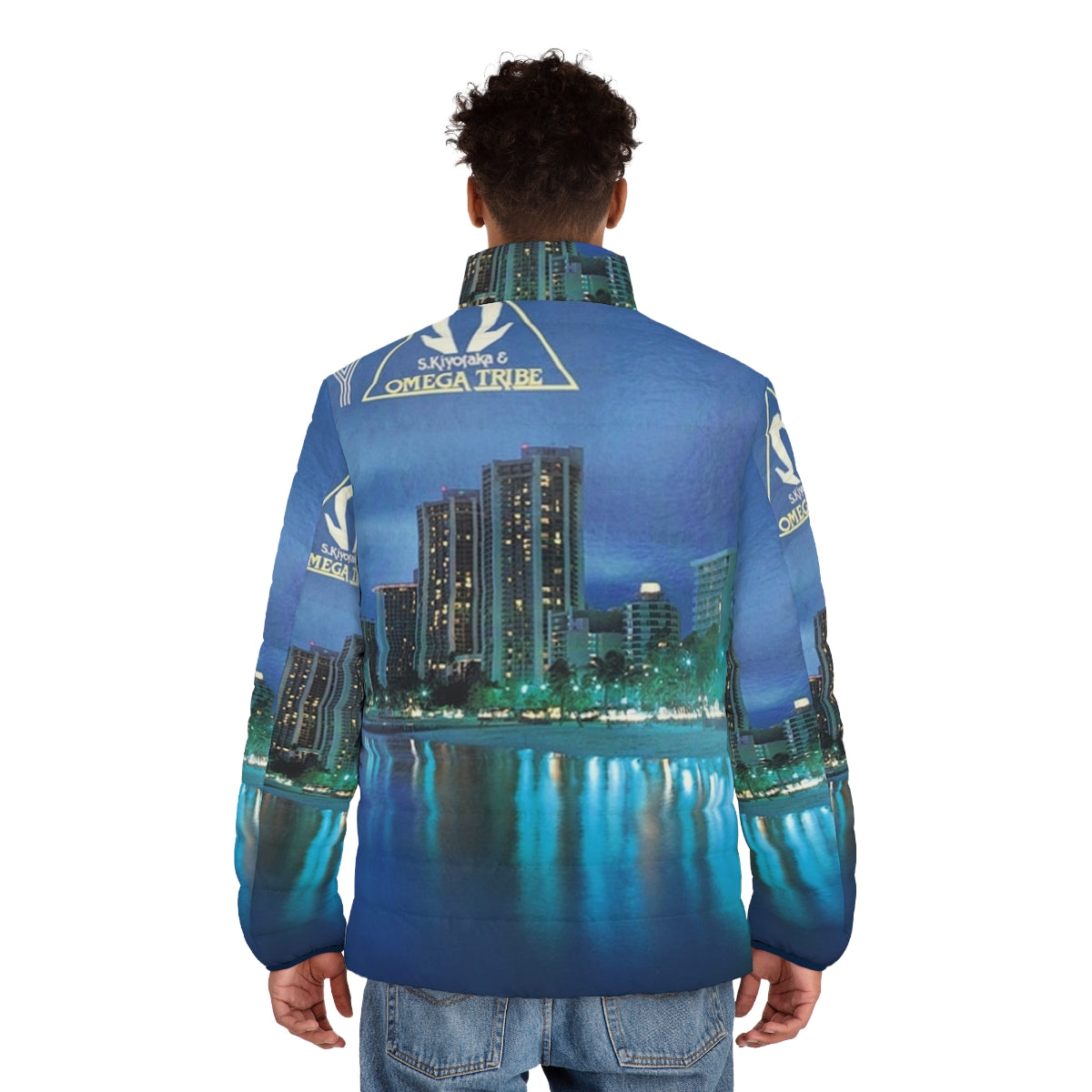 Retro 1980s puffer jacket featuring the album cover art of S Kiyotaka's Omega Tribe Aqua City 1983 - men back