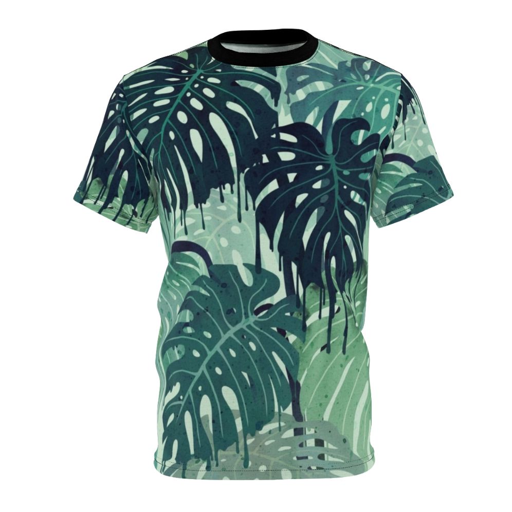 Closeup of a vibrant, tropical monstera leaf print on a t-shirt