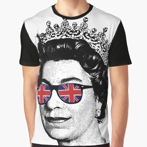 Queen's Platinum Jubilee Union Jack Graphic T-Shirt with Sunglasses and British Flag