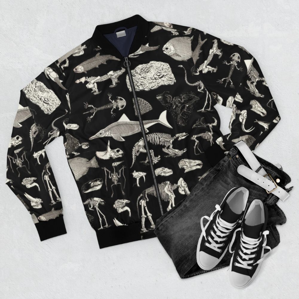 Paleontology Illustration Bomber Jacket featuring fossils, dinosaurs, and archaeological elements - Flat lay