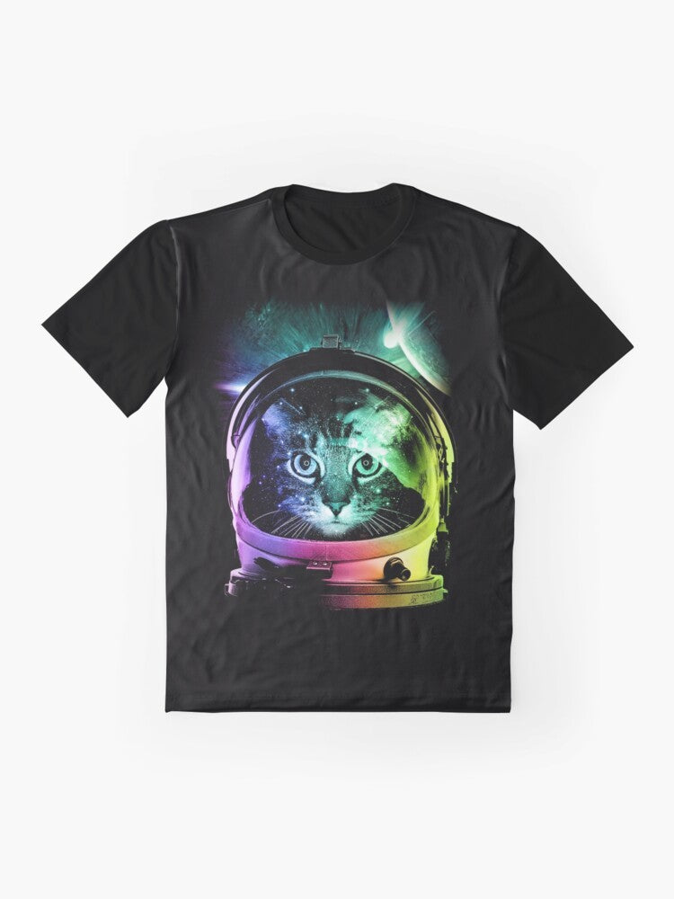 Cute and funny astronaut cat graphic design on a t-shirt. Featuring a space kitten in a spacesuit exploring the galaxy. - Flat lay