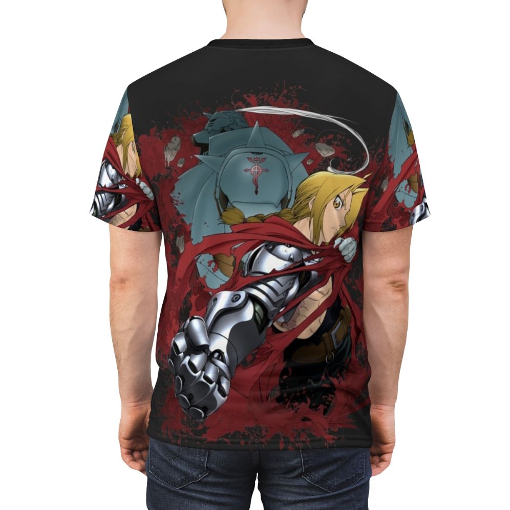 Fullmetal Alchemist inspired t-shirt featuring anime-style graphics and characters. - men back