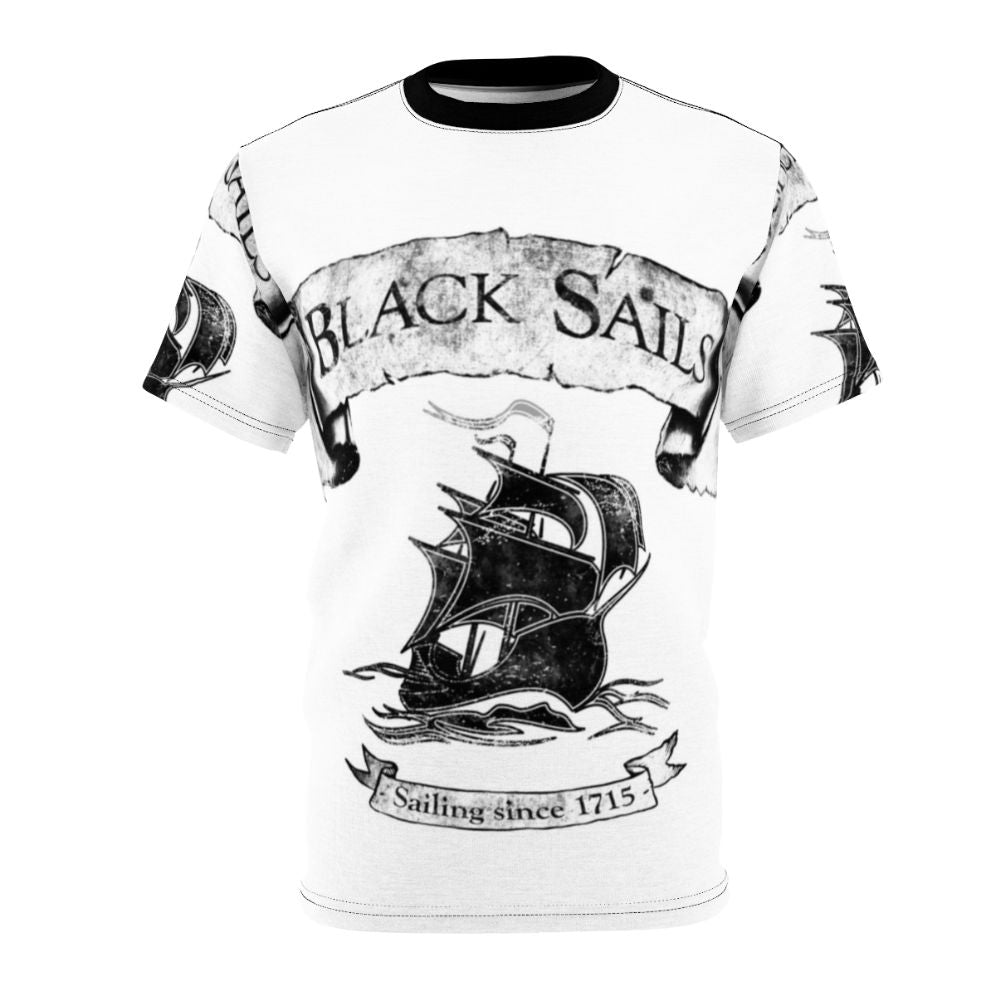 A black t-shirt with the Black Sails logo and "Sailing Since 1715" design, inspired by the popular TV series.