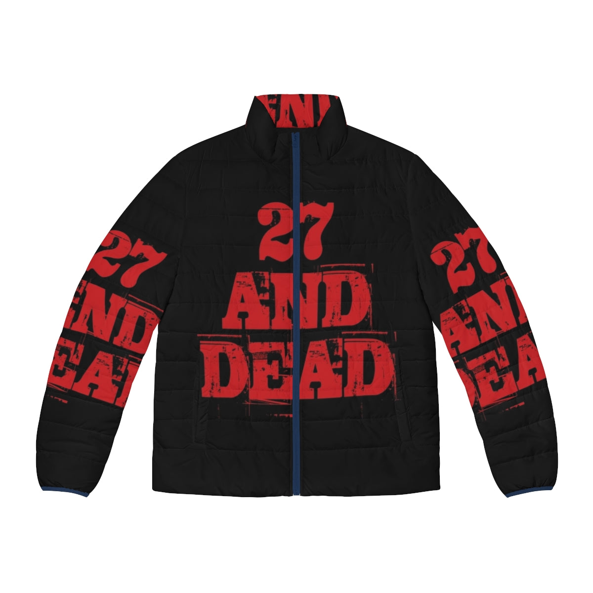 '27 and Dead' retro puffer jacket featuring pop culture references