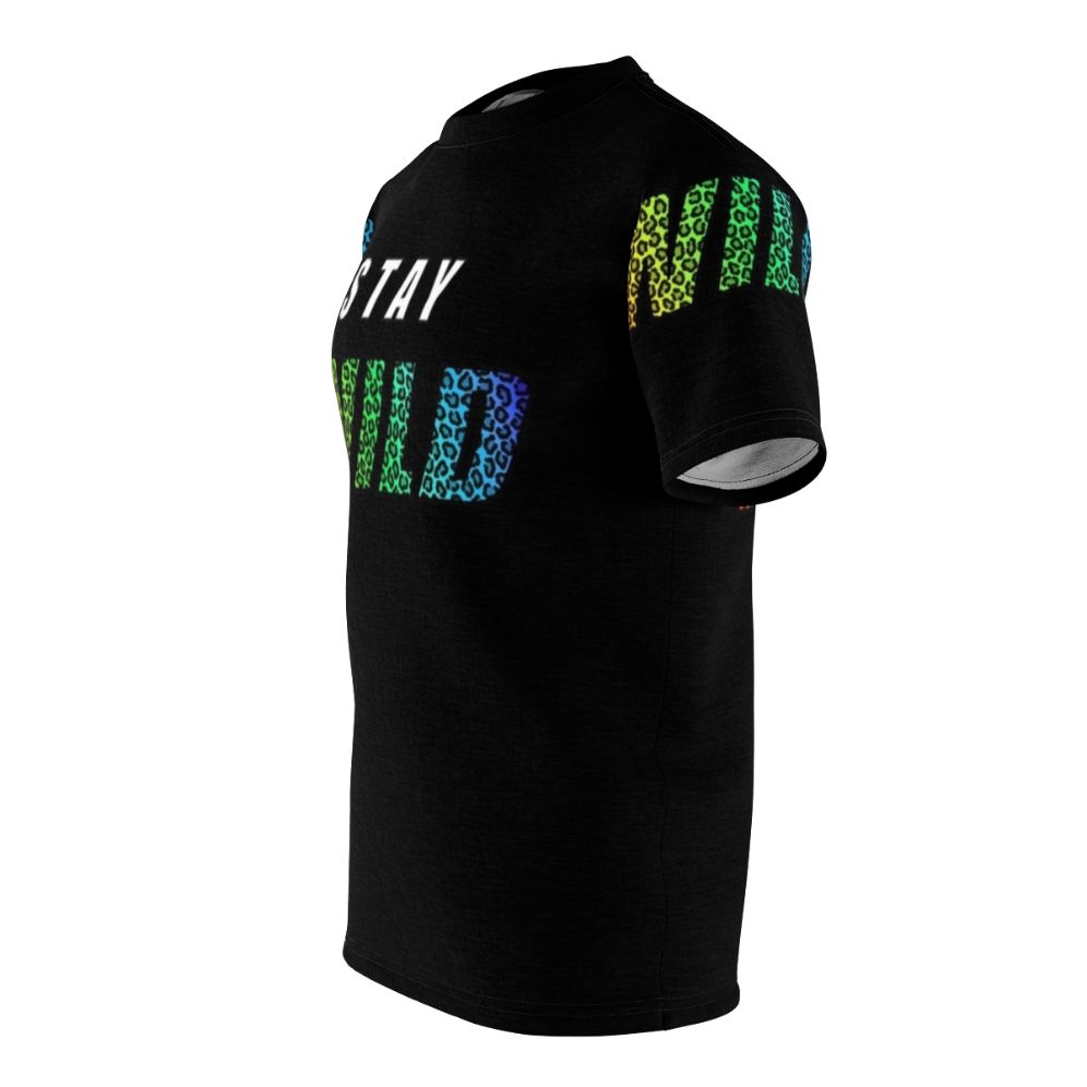 A vibrant all-over-print t-shirt featuring a colorful leopard design and the phrase "Stay Wild" - men left