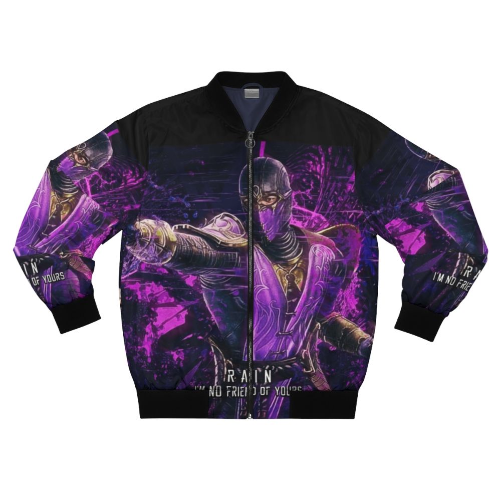 Mortal Kombat Rain Bomber Jacket featuring colorful abstract ninja characters and fighting game elements