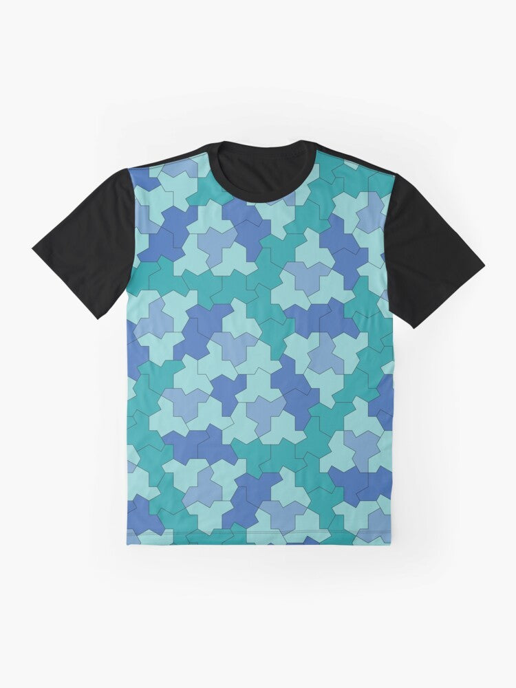 Aperiodic monotile Einstein shapes in blue and green geometric pattern on a t-shirt - Flat lay