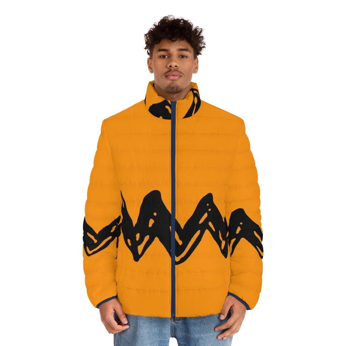 Black puffer jacket with ornament design, inspired by 80s cartoon characters - men front