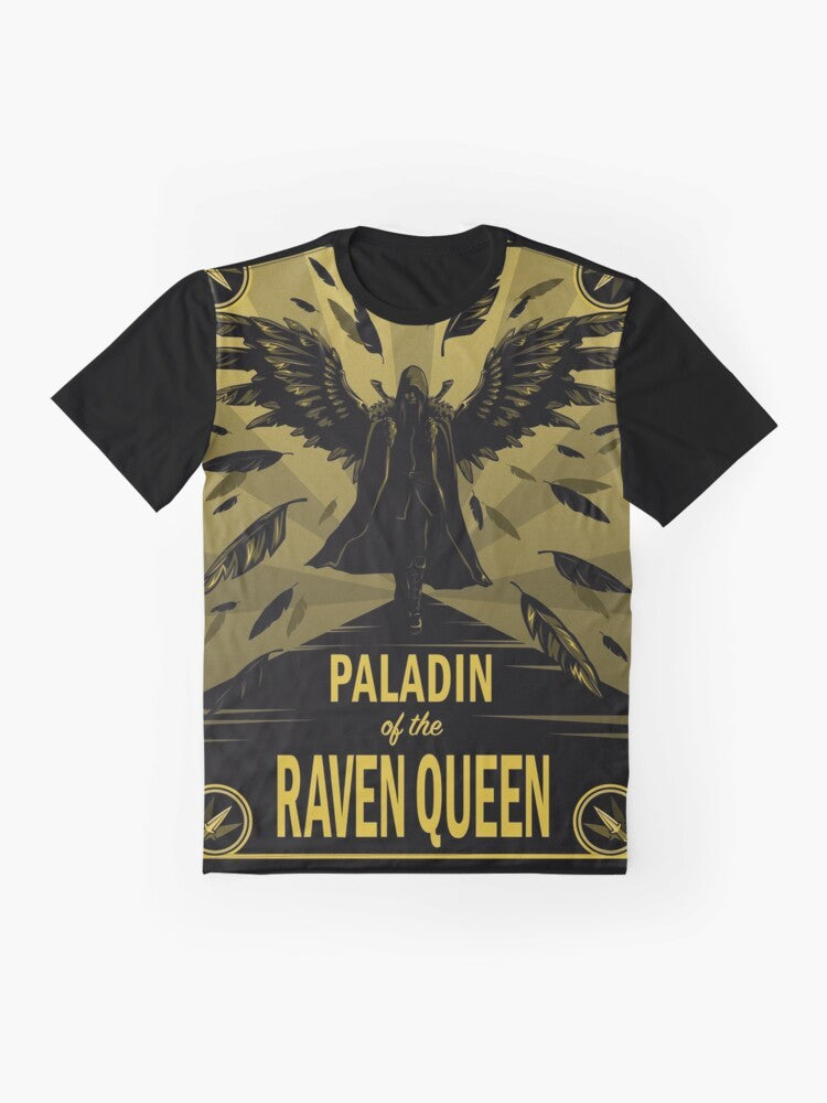 Paladin of the Raven Queen graphic t-shirt, featuring characters from the popular Dungeons and Dragons series Critical Role. - Flat lay