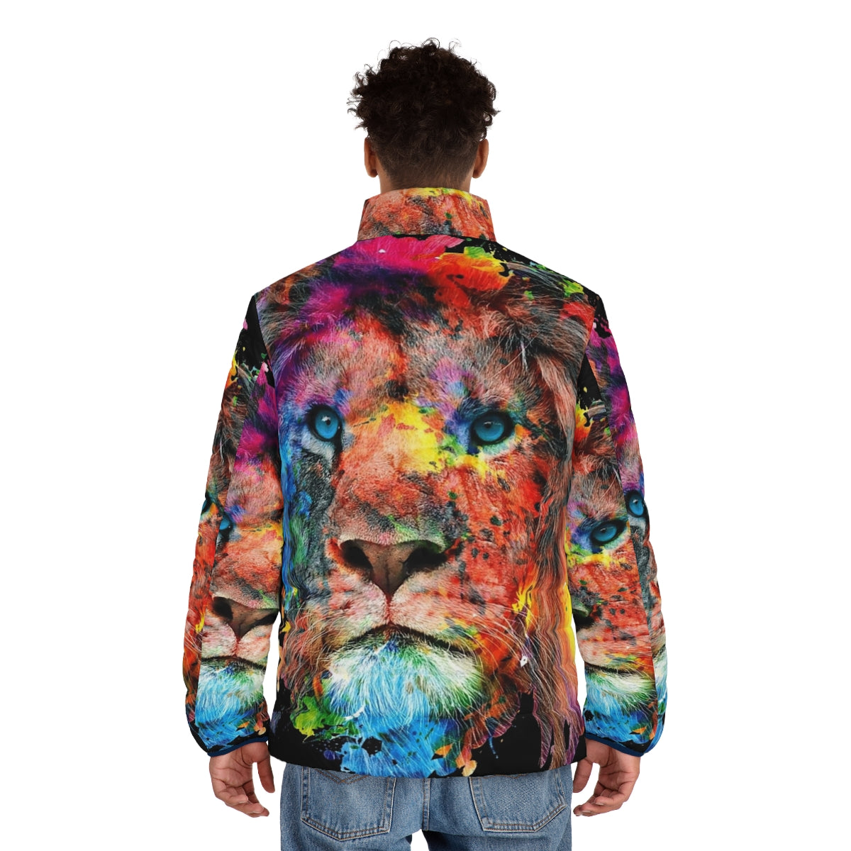 Vibrant watercolor painting of a majestic lion on a cozy puffer jacket - men back