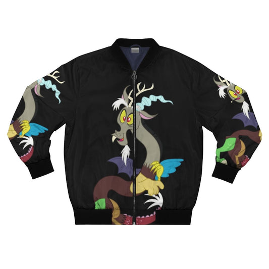 A bomber jacket with a graphic design of the character Discord, a draconequus from the My Little Pony series.