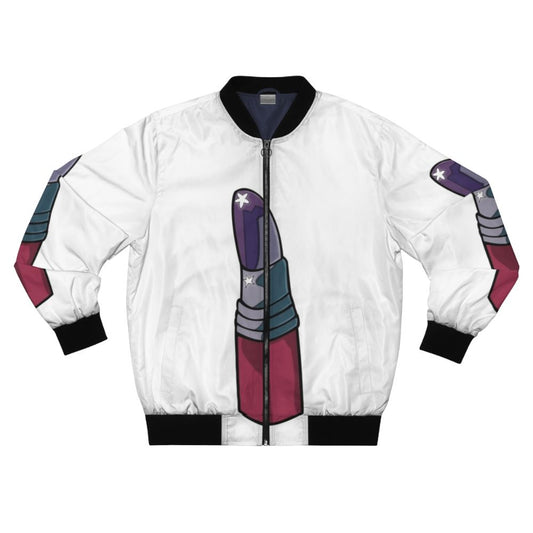 Rocketman-inspired bomber jacket with a lipstick graphic design