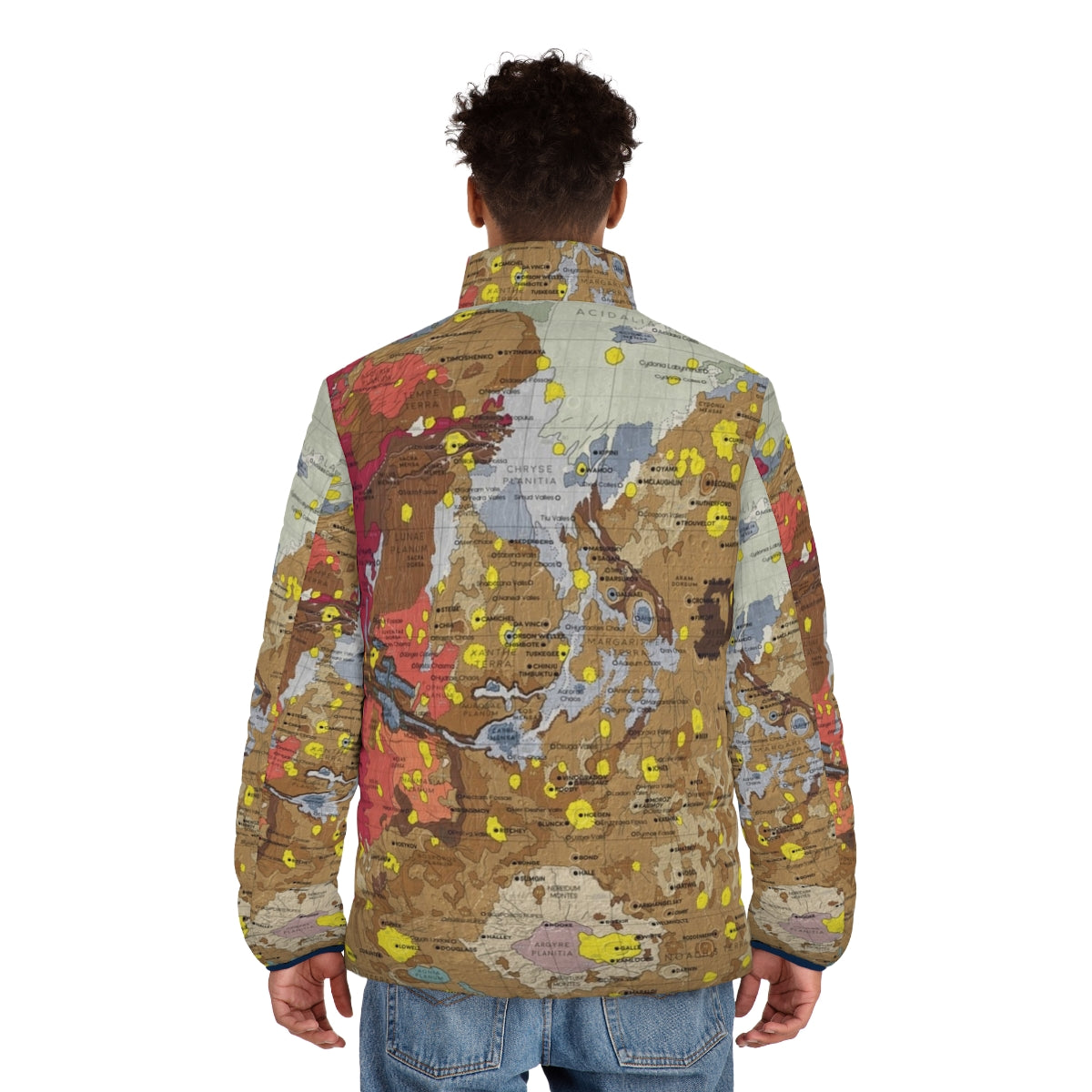 Puffer jacket featuring a detailed map of the geology and topography of the planet Mars - men back