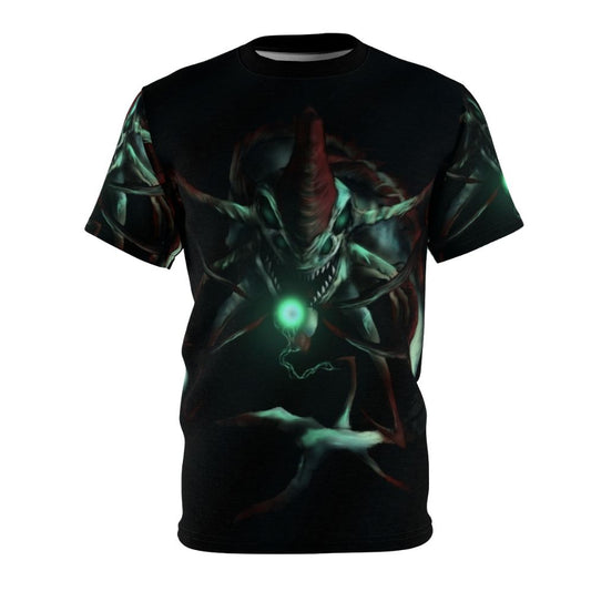 Subnautica Reaper Leviathan AOP T-shirt design featuring the iconic underwater predator