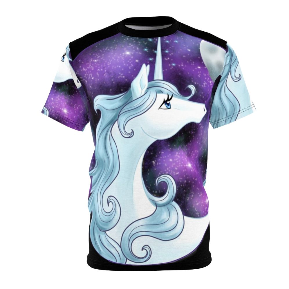 Elegant white unicorn surrounded by a captivating galaxy design on a high-quality t-shirt.