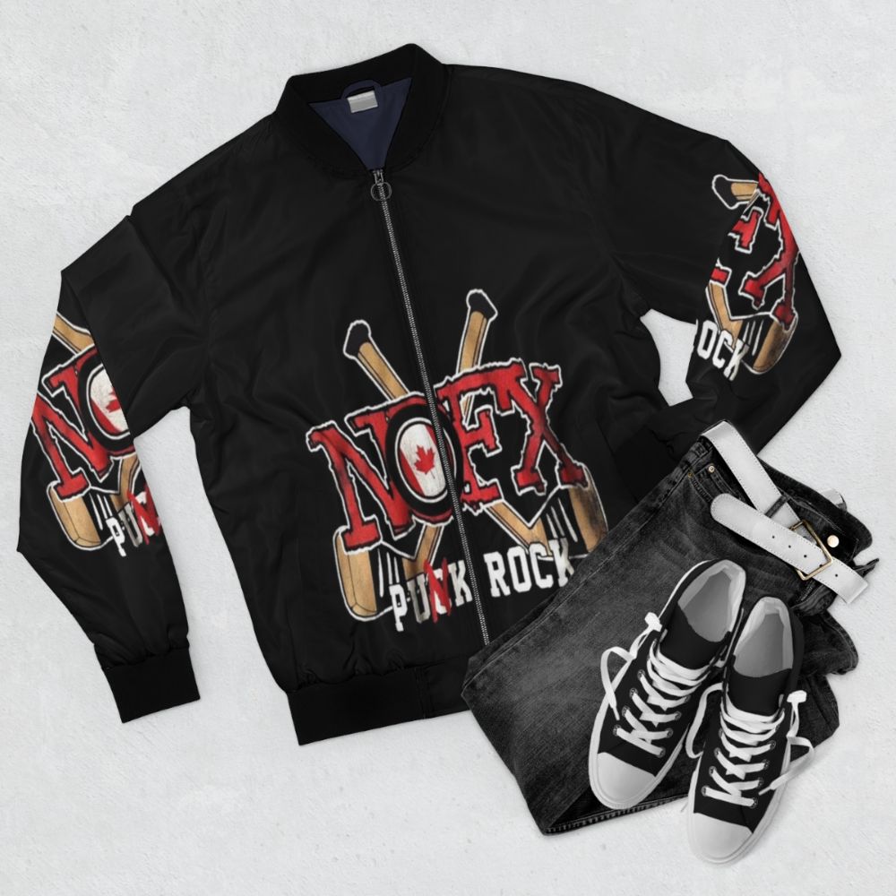 Vintage Rap Bomber Jacket with NOFX Hip Hop Graphic - Flat lay