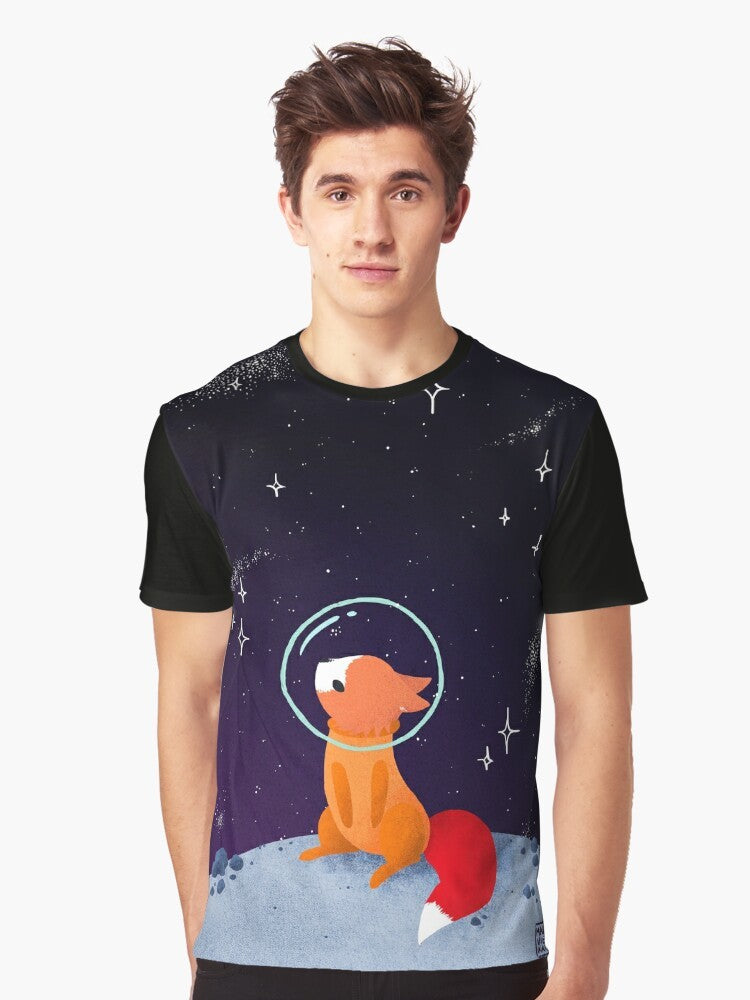 A digital illustration of a cute red fox wearing an astronaut suit, exploring the galaxy with a starry background. - Men