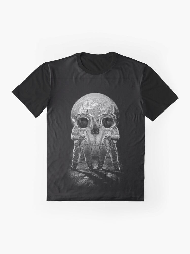 Skull astronaut floating in a space galaxy, a spooky and haunting sci-fi design - Flat lay