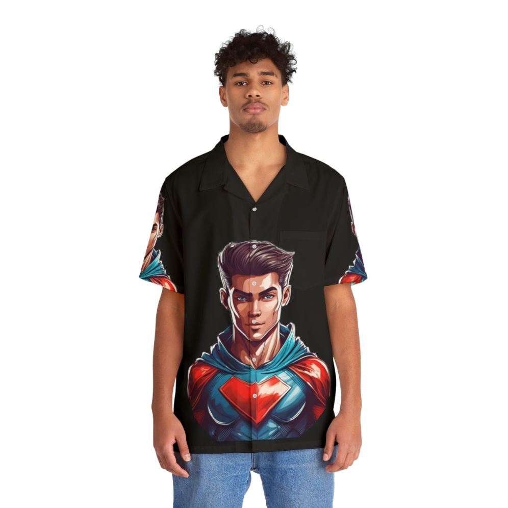 Superhero Hawaiian Shirt with Tropical Print Design - People Front