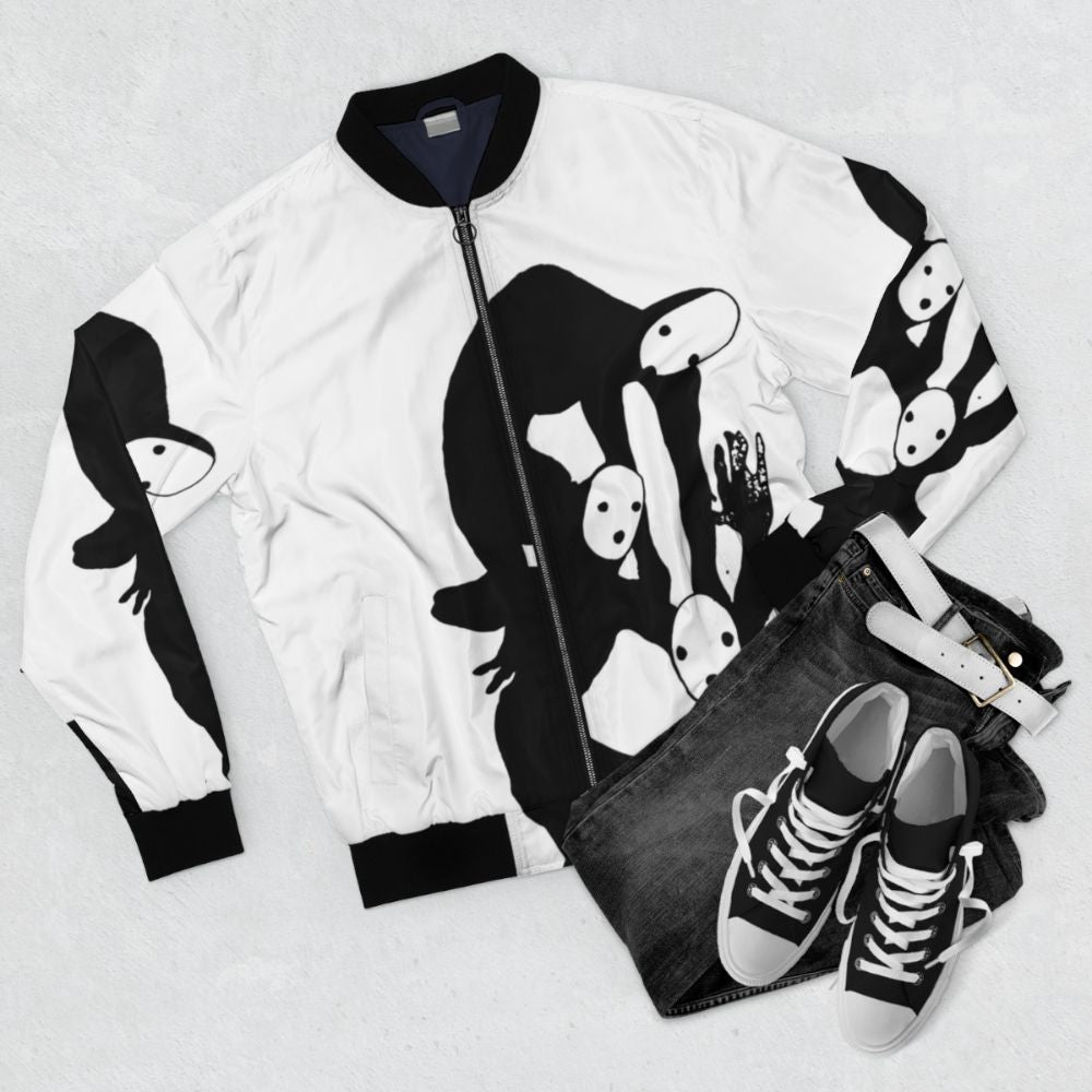 Tragedian from Pathologic video game black and white bomber jacket - Flat lay