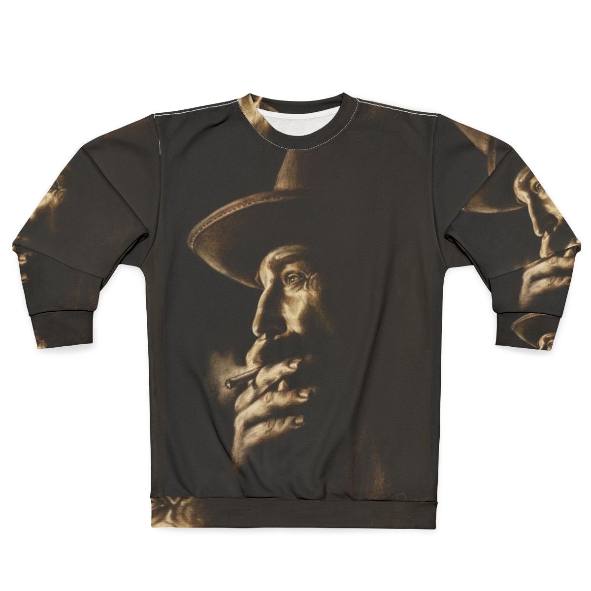 Daniel Plainview character from "There Will Be Blood" on a charcoal colored sweatshirt