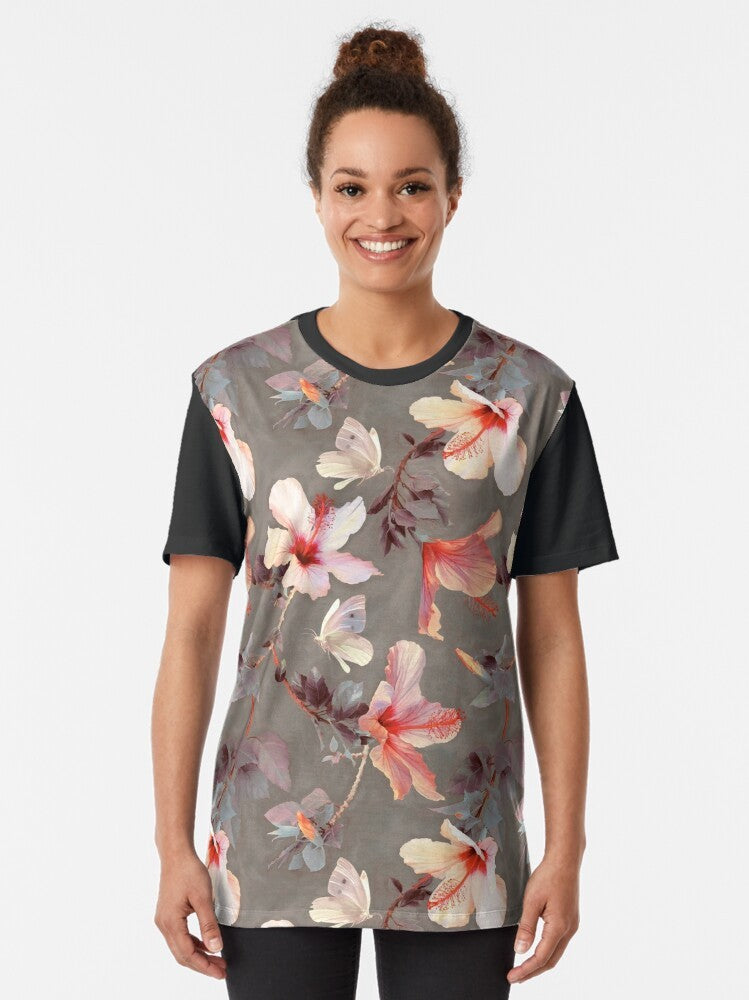 Coral hibiscus graphic t-shirt with tropical floral pattern - Women