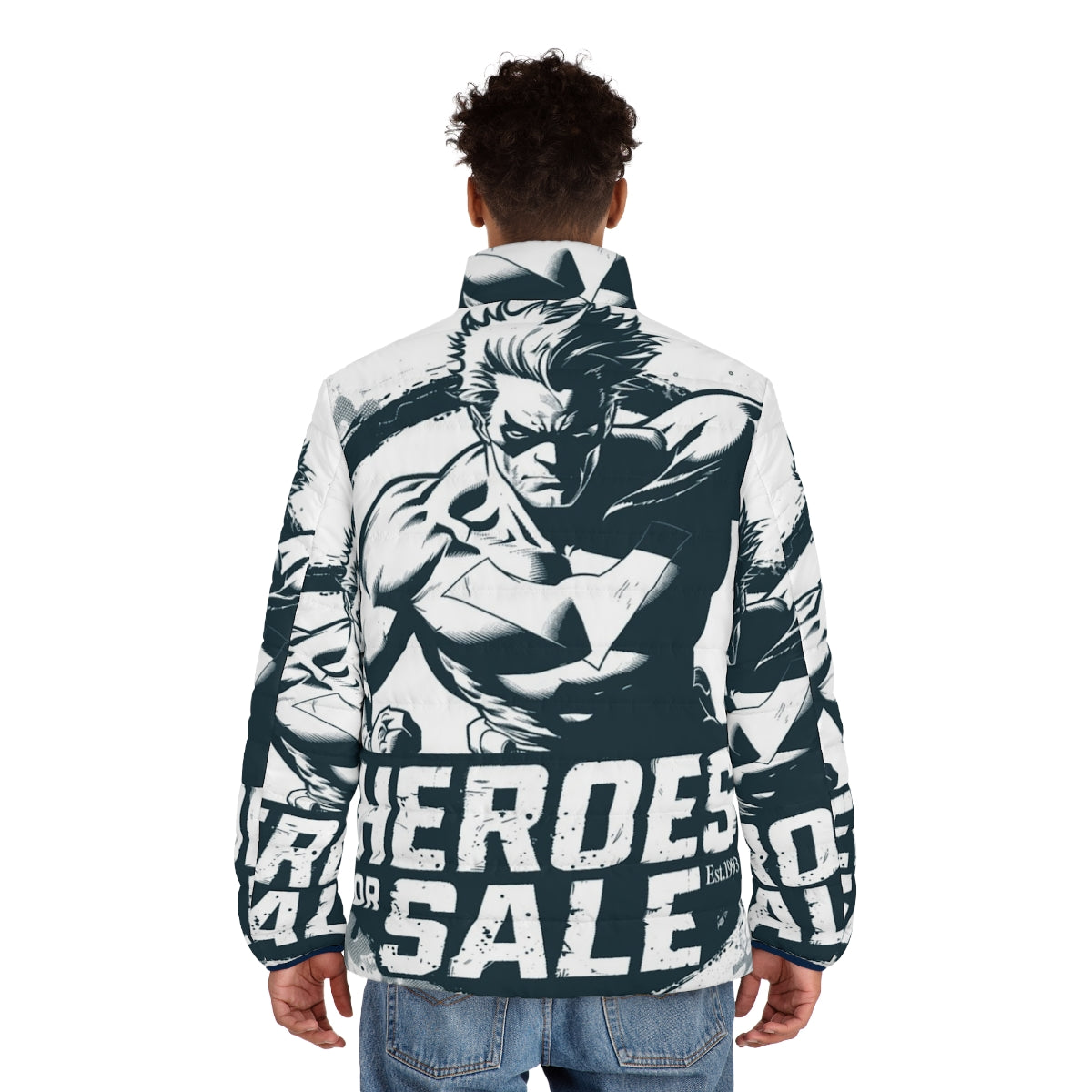 Transparent puffer jacket with classic 90s superhero design - men back