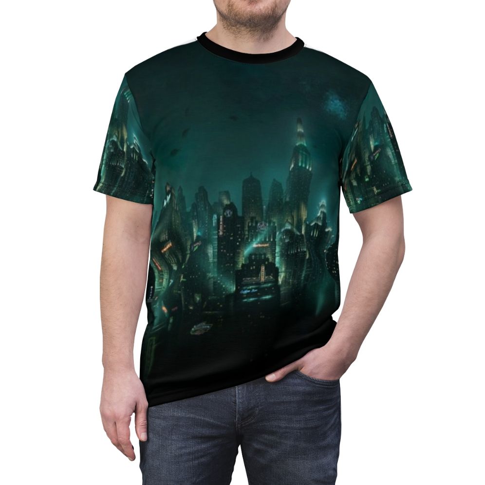 Bioshock-inspired t-shirt featuring the underwater city of Rapture - men front