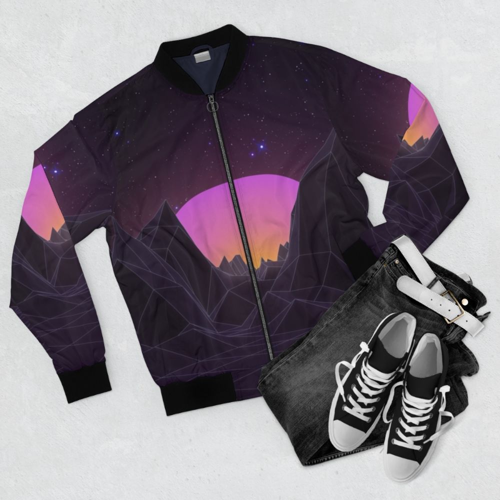 Vaporwave retro 80s bomber jacket with geometric, futuristic, and pastel design elements. - Flat lay