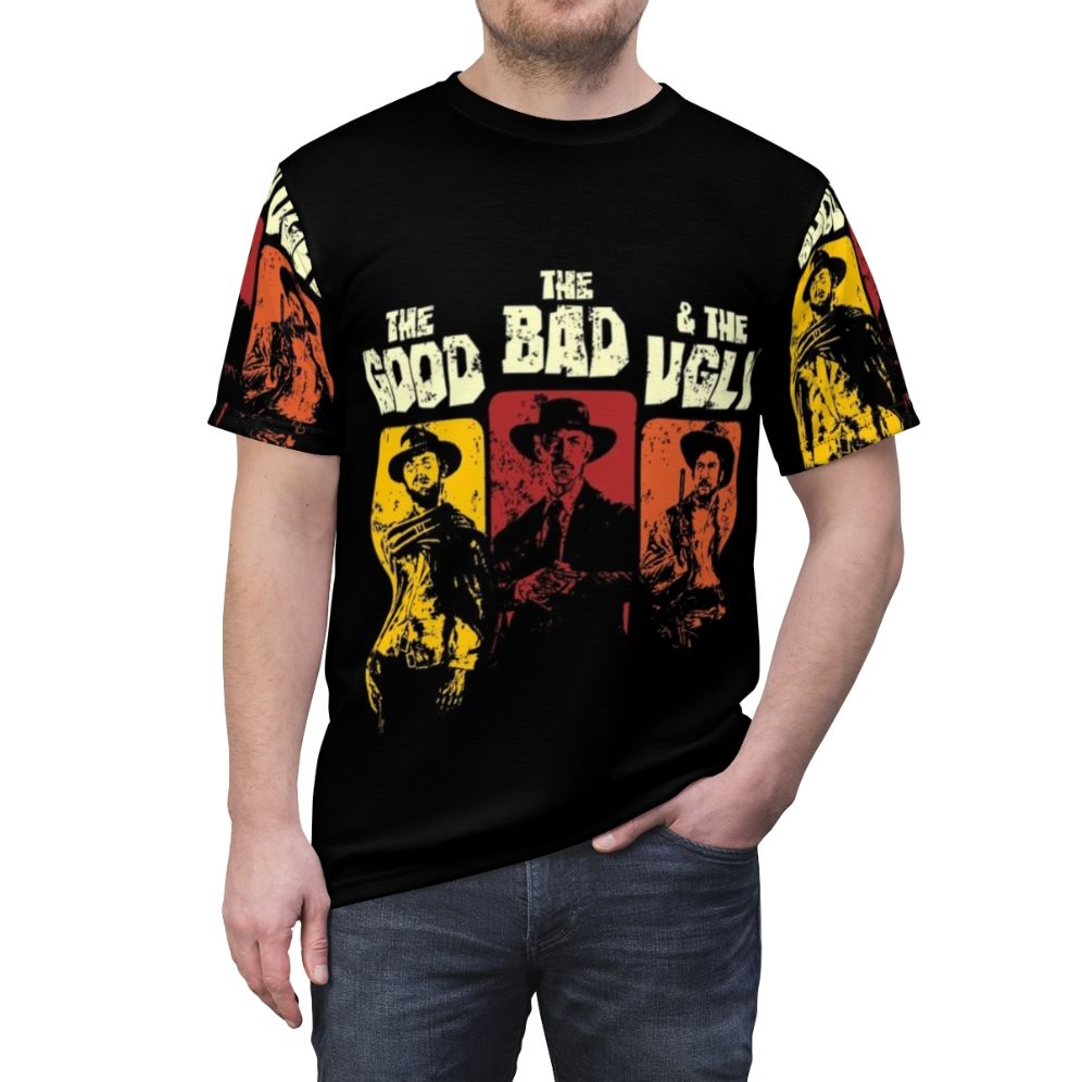 Vintage western-inspired t-shirt featuring "The Good, The Bad, The Ugly" movie characters and iconography - men front