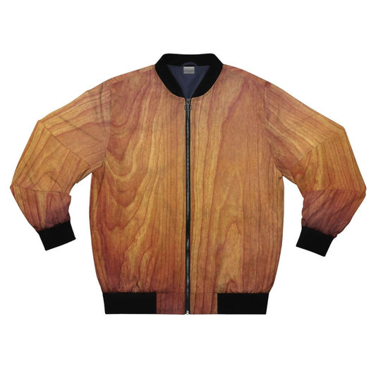 Natural wood texture bomber jacket with wood grain and brown wood design