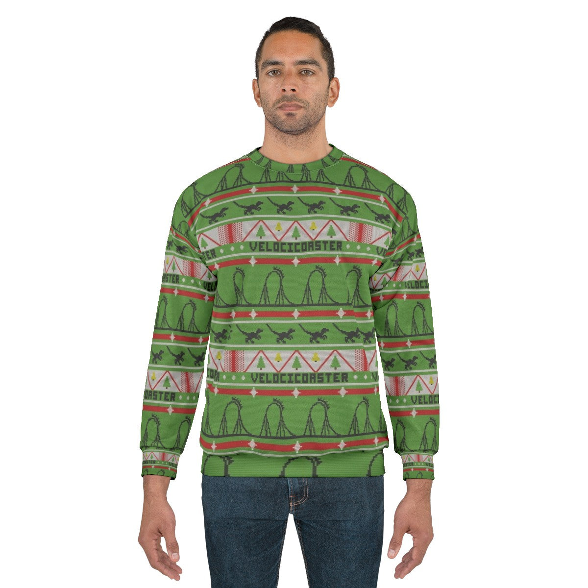 Velocicoaster Ugly Christmas Sweater Sweatshirt with Dinosaur and Roller Coaster Theme - men