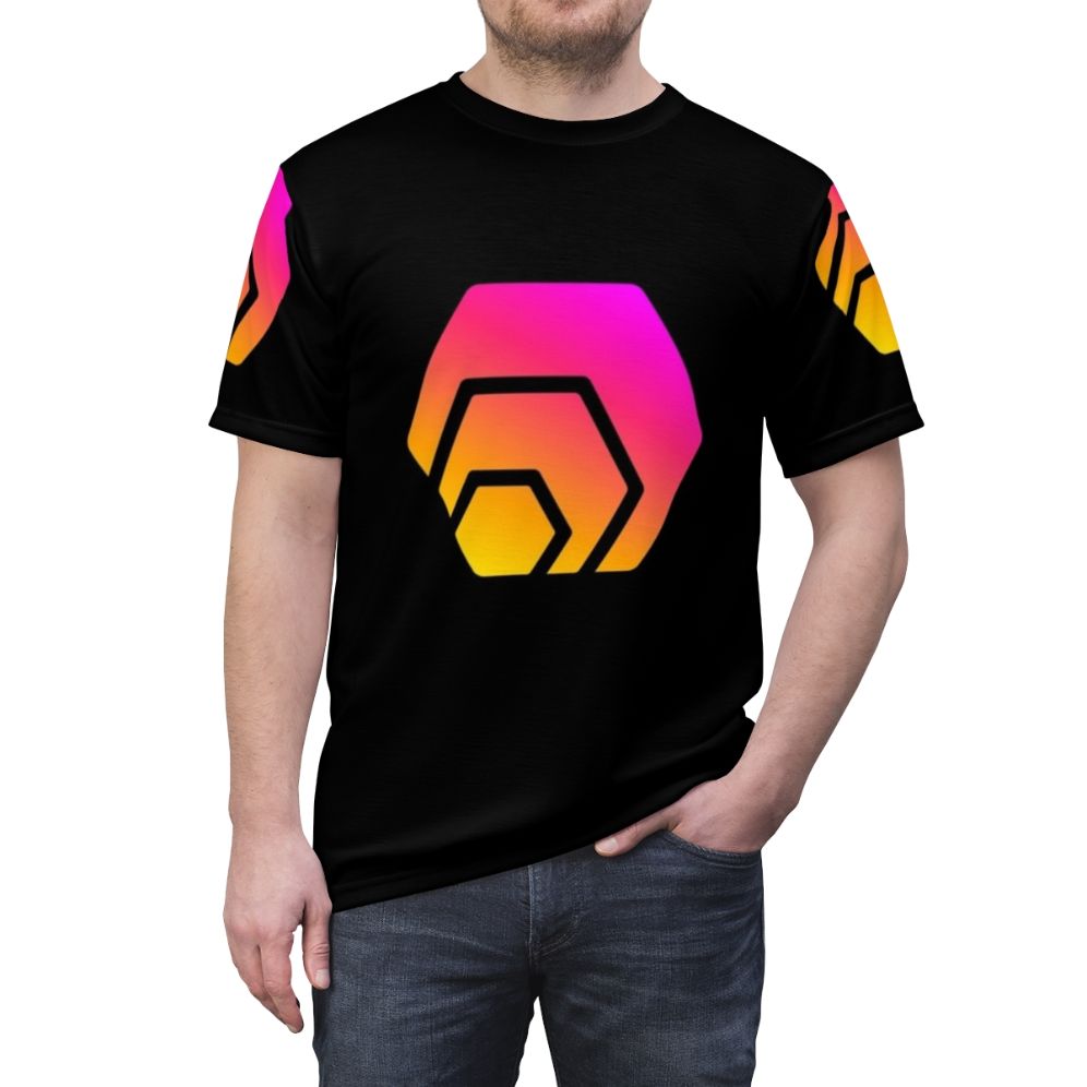 Hexagon Crypto Logo T-Shirt featuring a design inspired by the Hex cryptocurrency and blockchain - men front