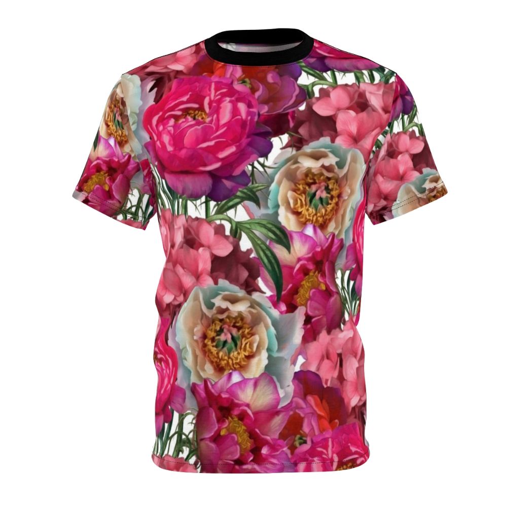 Colorful watercolor bouquet of flowers including peonies, hydrangeas, and other blooming plants on a t-shirt.