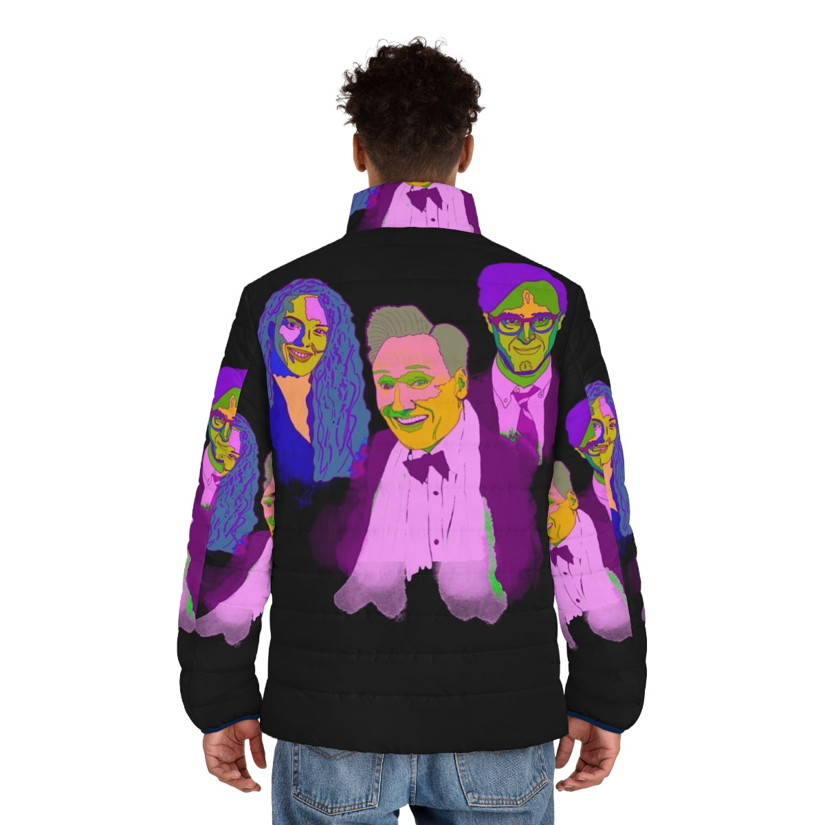 Vibrant abstract portrait of Conan O'Brien on a puffer jacket - men back