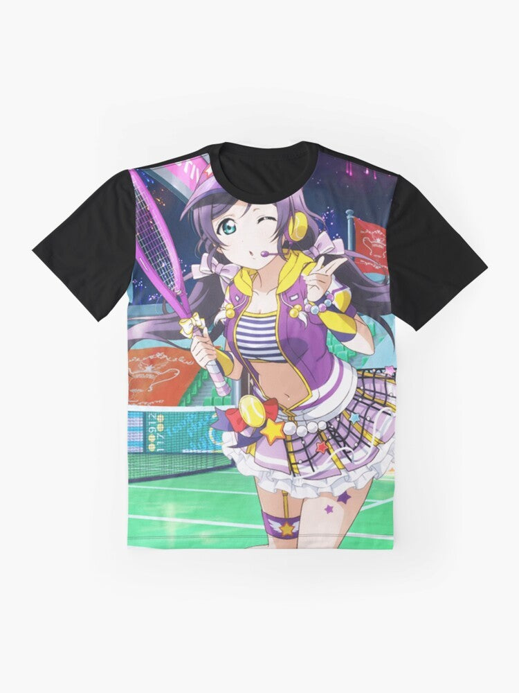 Nozomi Tojo Love Live School Idol Project graphic t-shirt featuring a tennis design - Flat lay