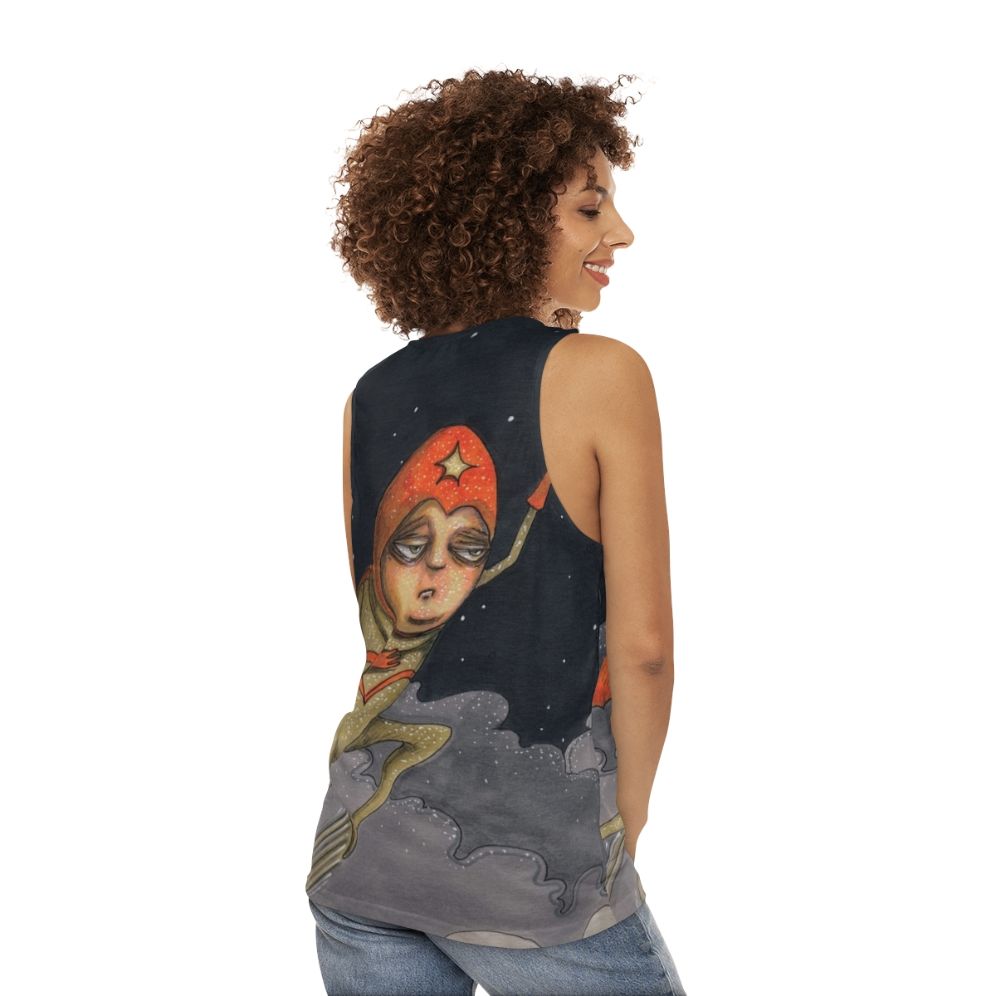 Captain Enthusiasm unisex tank top with a hand-drawn superhero design - women back