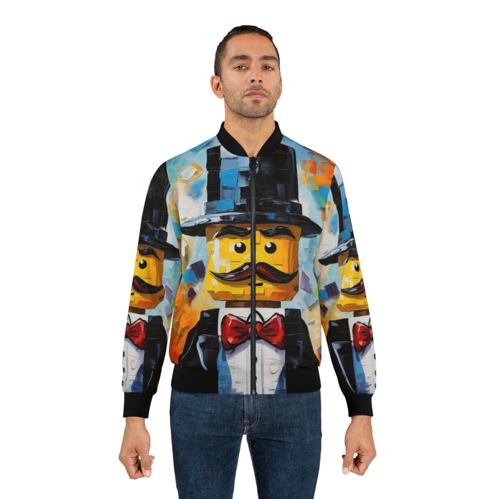 Colorful and funky Lego-inspired bomber jacket with a playful Lego minifigure design. - Lifestyle