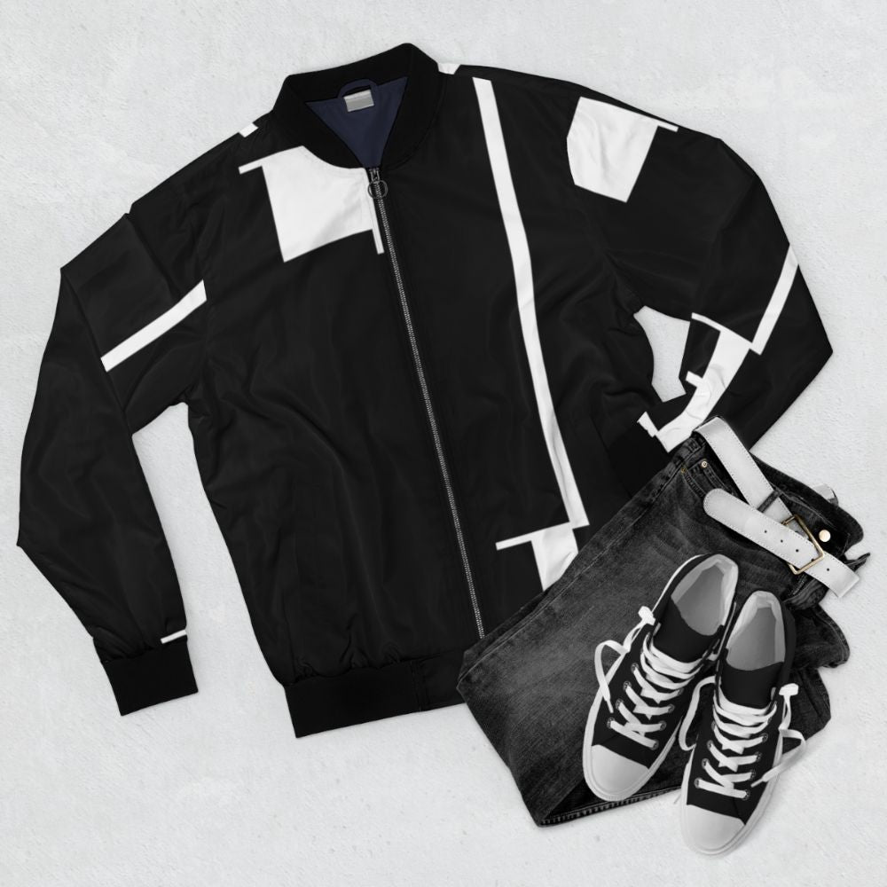 Bauhaus inspired bomber jacket with minimalist face profile design in black and white - Flat lay