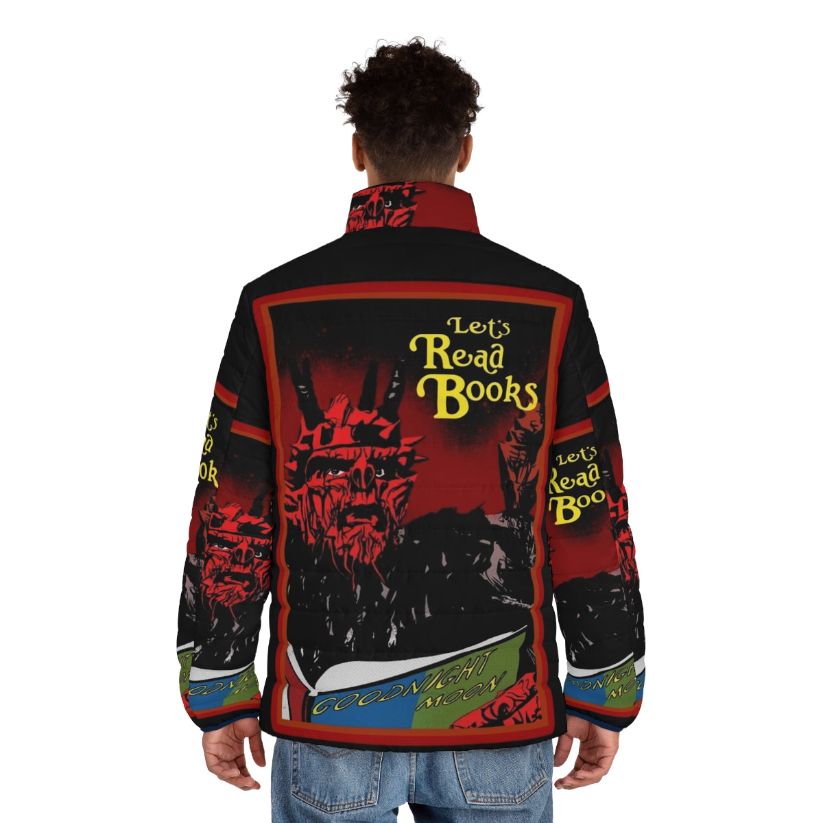 A puffer jacket featuring the iconic Gwar character Oderus Urungus - men back