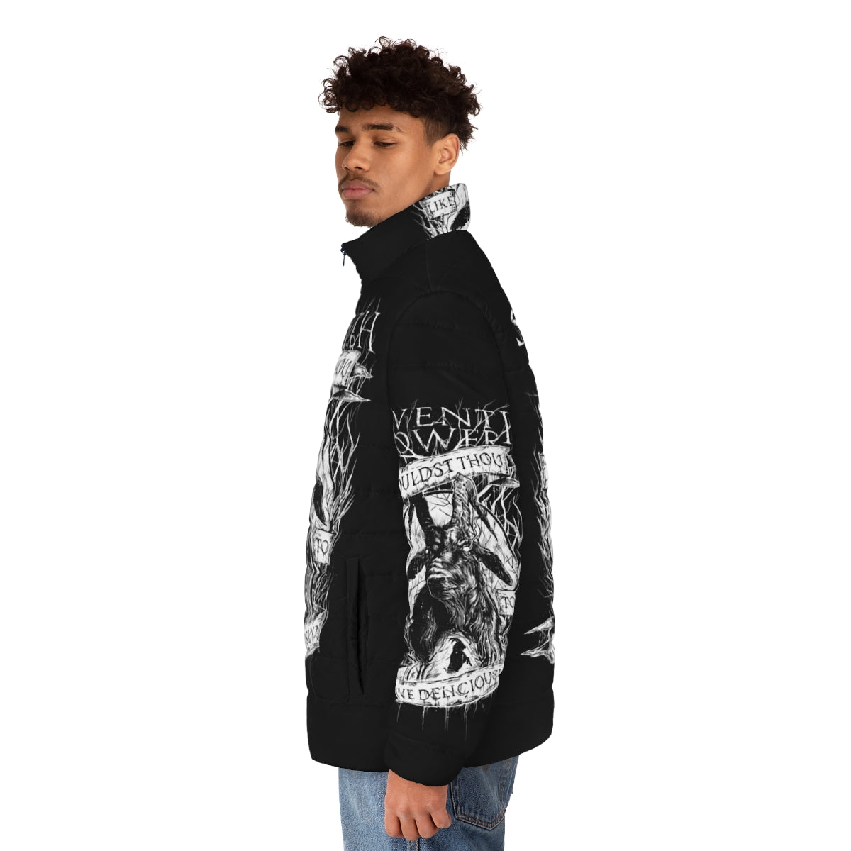 The Vvitch-inspired puffer jacket with occult and horror design - men side left