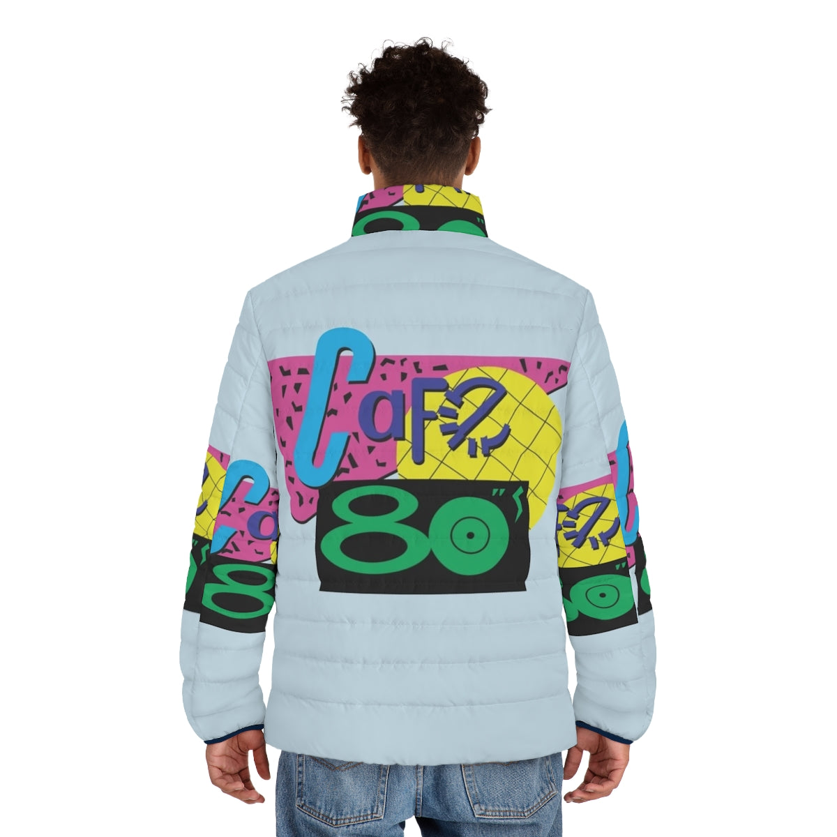 Back to the Future inspired Cafe 80s puffer jacket with retro 80s logo - men back