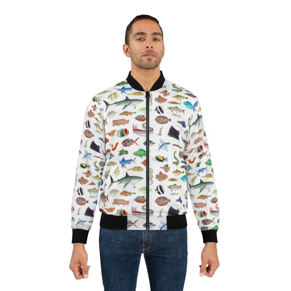 Bomber jacket featuring vibrant ocean life and marine animals like sharks - Lifestyle