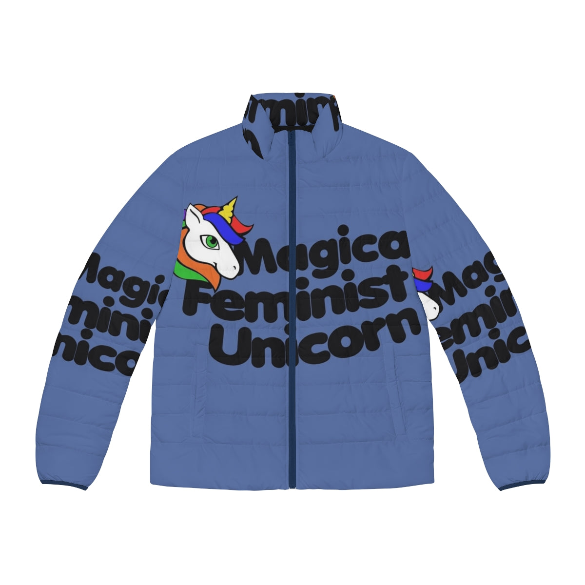 A colorful and whimsical puffer jacket featuring a magical unicorn design