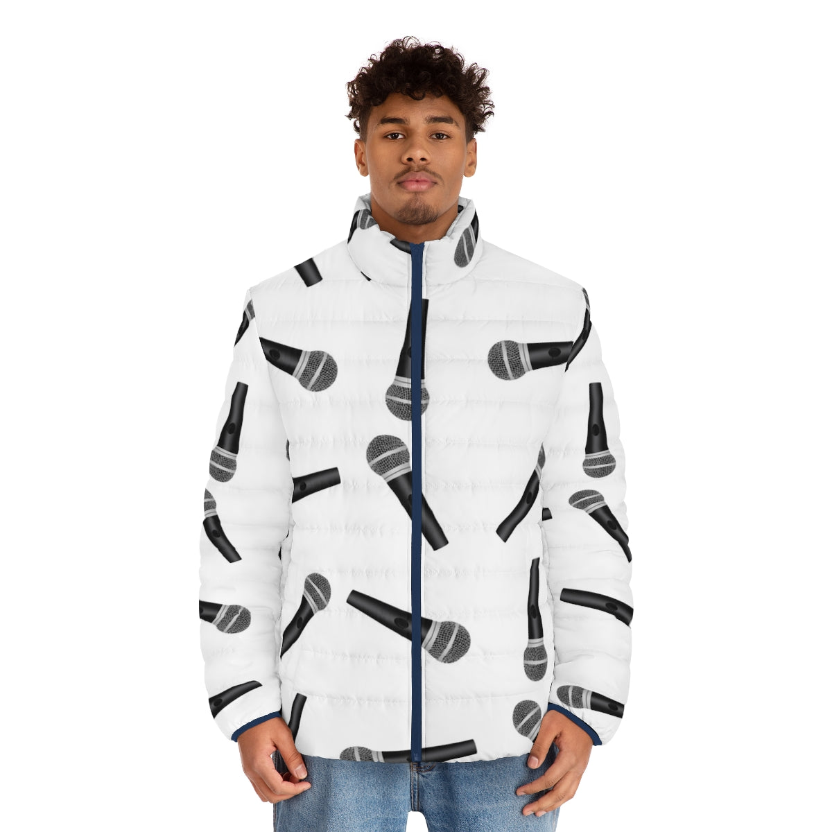 Person wearing a black puffer jacket with a microphones pattern design - men front