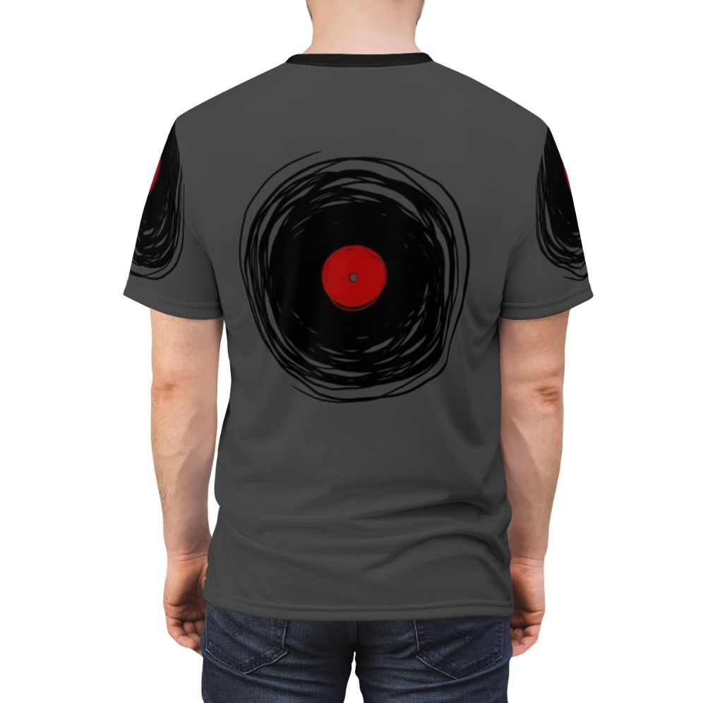 A t-shirt design featuring a spinning vinyl record with a grunge, vintage style. - men back