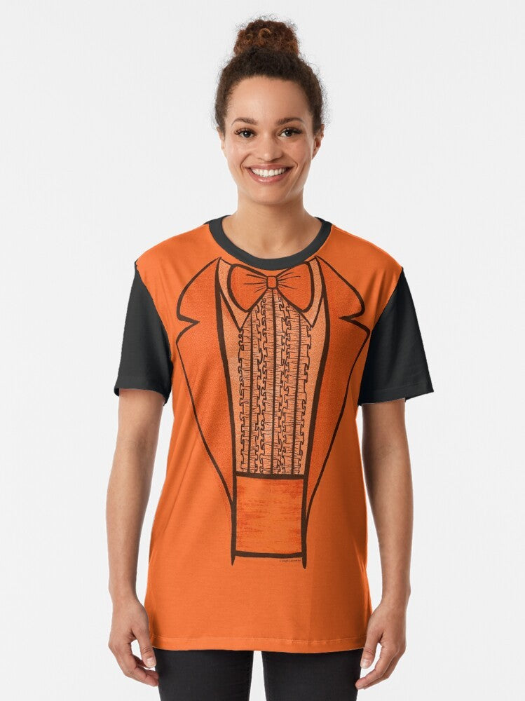 Lloyd and Harry from the movie Dumb and Dumber wearing orange tuxedos on a funny graphic t-shirt. - Women